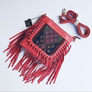 NWT Red Boho Embroidered tassel cross body bag